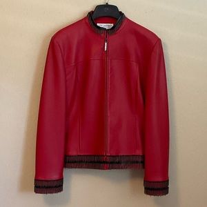 Gorgeous St. John Red Leather Jacket with Chain Detail